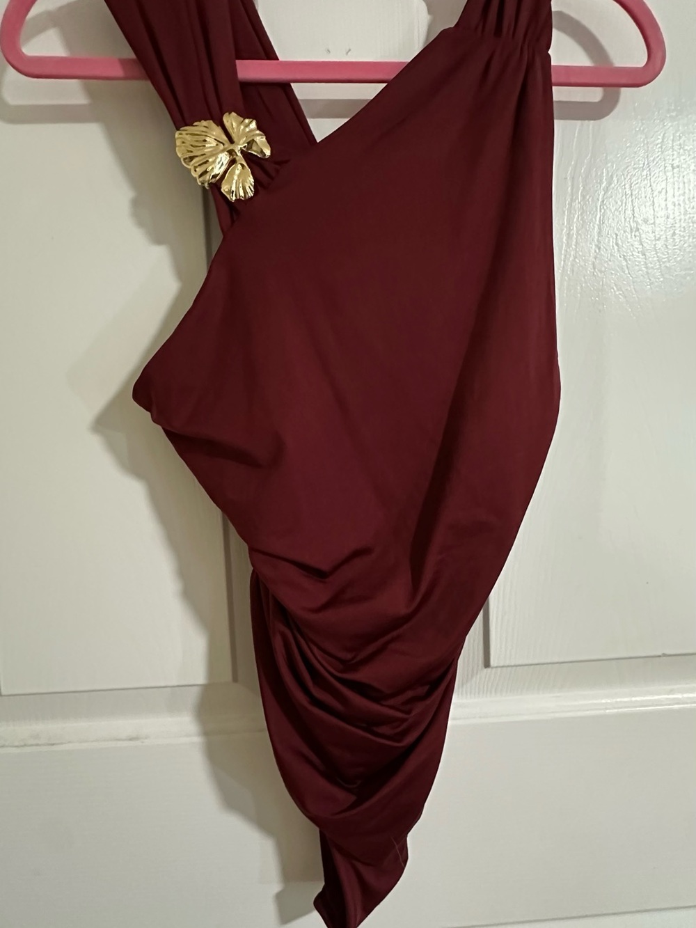 Zara Burgundy One-Shoulder Draped Bodysuit with Gold Floral Accent